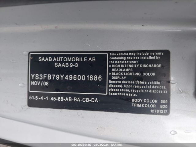 2009 SAAB 9-3 YS3FB79Y496001886 Photo 8
