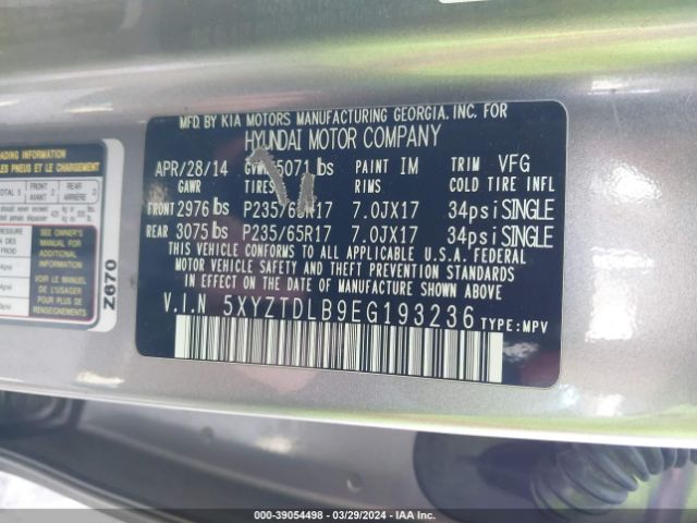 5XYZTDLB9EG193236 Hyundai Santa Fe Sport 2.4l