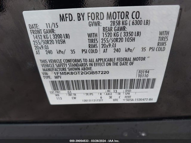 Ford EXPLORER SPORT 2016 1FM5K8GT2GGB57220 Image 9