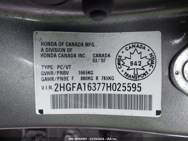 2007 HONDA CIVIC SDN 2HGFA16377H025595 Photo 8