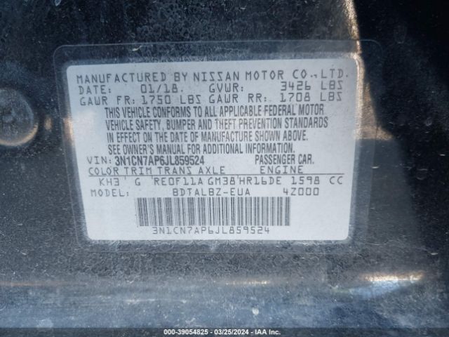 3N1CN7AP6JL859524 Nissan Versa 1.6 Sv