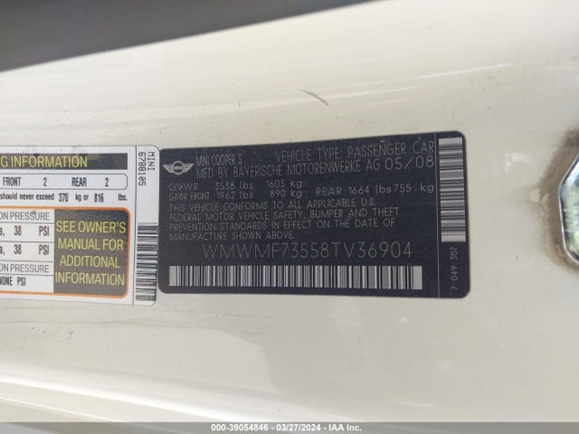 2008 MINI COOPER S WMWMF73558TV36904 Photo 8