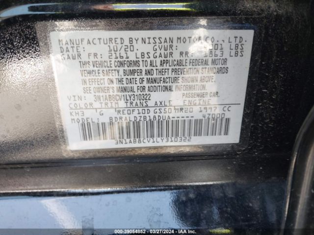 3N1AB8CV1LY310322 Nissan Sentra Sv Xtronic Cvt