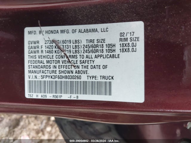 Honda Ridgeline Rtl 2017 5FPYK3F60HB030260 Image 9