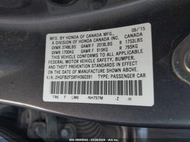 Honda Civic Lx 2015 2HGFB2F5XFH560391 Image 9