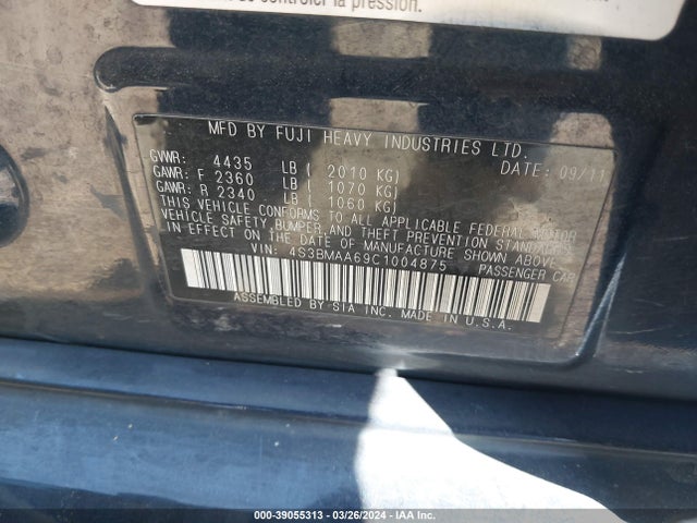 39055313 :رقم المزاد ، 4S3BMAA69C1004875 vin ، 2012 Subaru Legacy 2.5i مزاد بيع