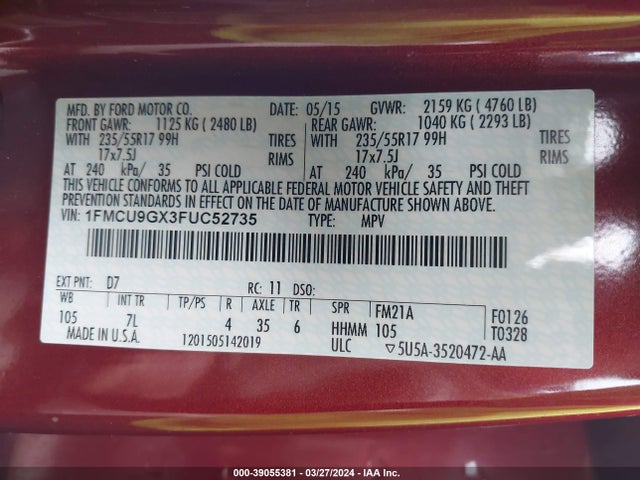 Ford ESCAPE SE 2015 1FMCU9GX3FUC52735 Image 9