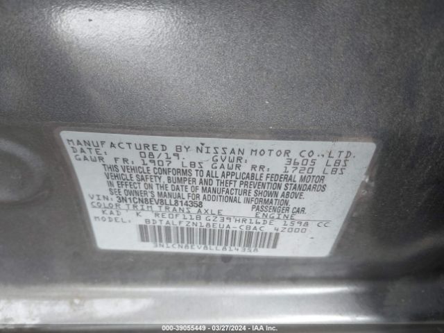 3N1CN8EV8LL814358 Nissan Versa Sv Xtronic Cvt
