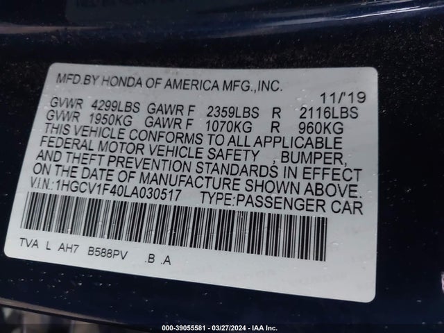Honda ACCORD EX 2020 1HGCV1F40LA030517 Image 9