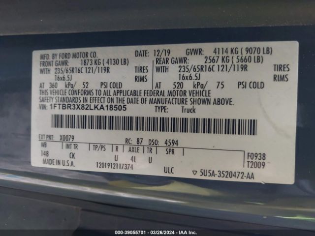 1FTBR3X82LKA18505 Ford Transit-250 Cargo Van