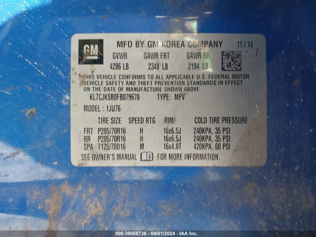 Chevrolet Trax 1ls 2015 KL7CJKSB0FB079670 Image 9
