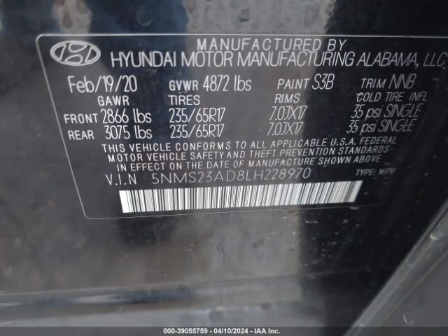 5NMS23AD8LH228970 Hyundai Santa Fe Se