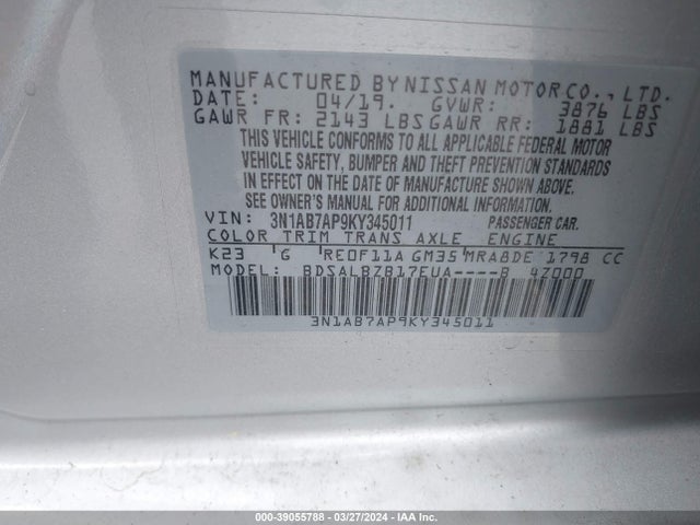 Продаж на аукціоні авто 2019 Nissan Sentra S, vin: 3N1AB7AP9KY345011, номер лоту: 39055788