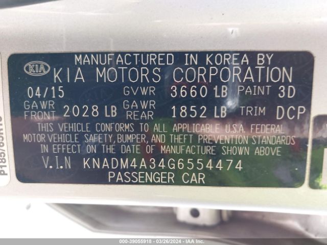 KNADM4A34G6554474 KIA RIO LX