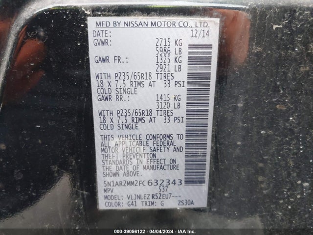 Nissan Pathfinder Platinum/s/sl/sv 2015 5N1AR2MM2FC632343 Image 9
