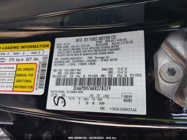 Ford FUSION SE 2019 3FA6P0H76KR278319 Image 9
