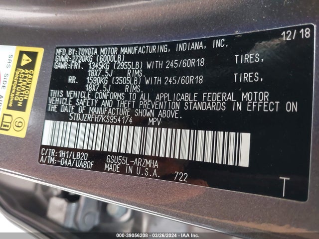 Toyota Highlander Xle 2019 5TDJZRFH7KS954174 Image 9