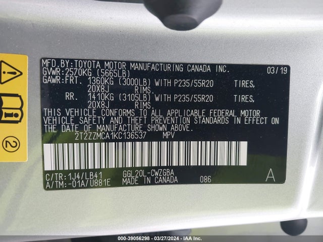 2T2ZZMCA1KC136537 Lexus RX 350