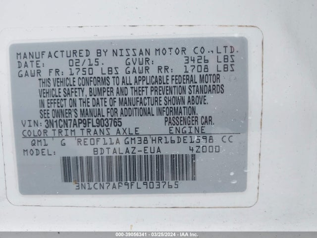 Nissan Versa 1.6 S+ 2015 3N1CN7AP9FL903765 Image 9