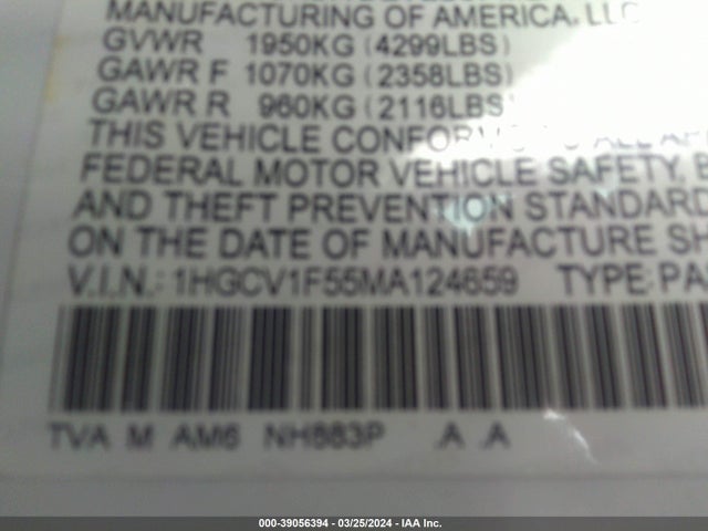 Honda Accord Ex-l 2021 1HGCV1F55MA124659 Image 9