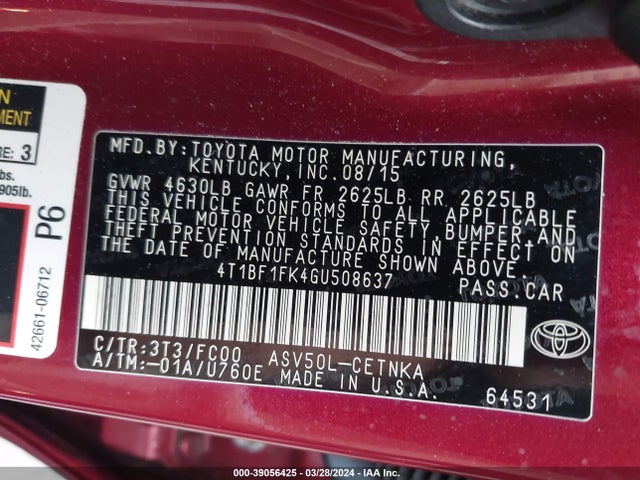 Toyota CAMRY LE 2016 4T1BF1FK4GU508637 Image 9