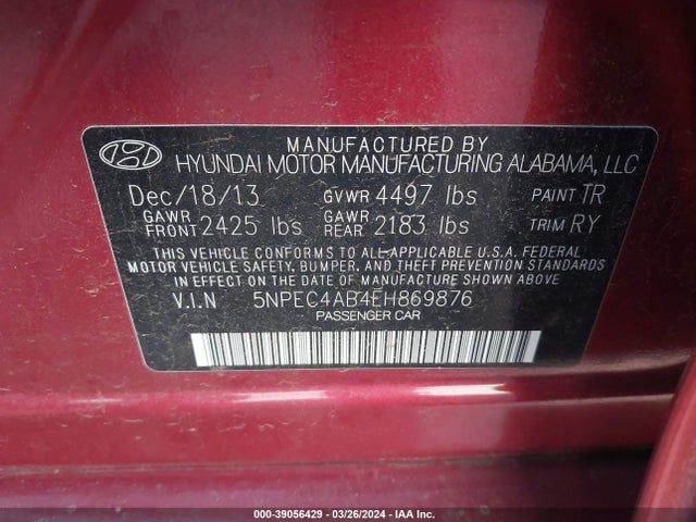 Hyundai Sonata Se 2.0t 2014 5NPEC4AB4EH869876 Image 9