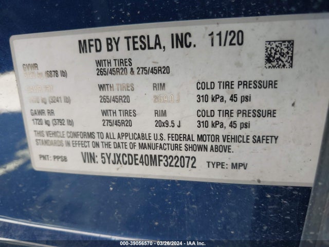 Tesla Model X Performance Dual Motor All-wheel Drive 2021 5YJXCDE40MF322072 Image 9