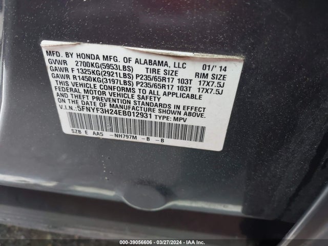 Honda PILOT LX 2014 5FNYF3H24EB012931 Image 9
