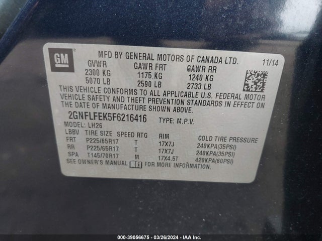 Chevrolet EQUINOX 1LT 2015 2GNFLFEK5F6216416 Image 9