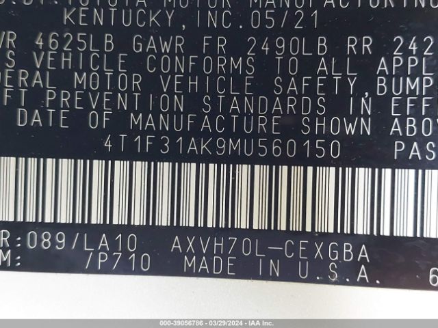 4T1F31AK9MU560150 Toyota Camry Xle Hybrid