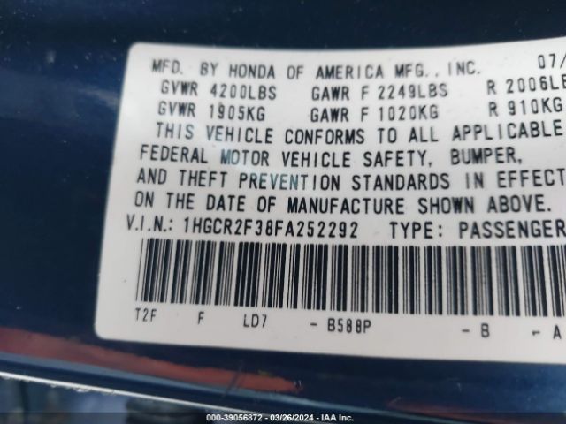 1HGCR2F38FA252292 Honda ACCORD LX