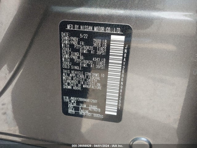 Nissan Armada Sl 4wd 2022 JN8AY2BB6N9812501 Image 9