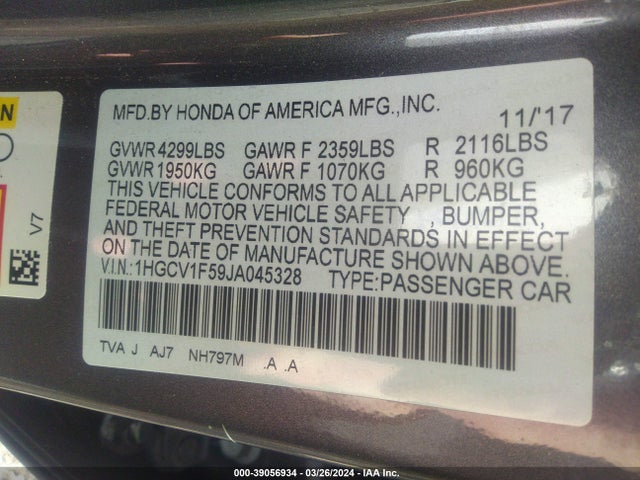 Honda Accord Ex-l 2018 1HGCV1F59JA045328 Image 9