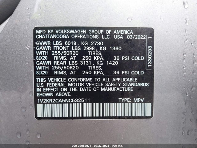 1V2KR2CA5NC532511 Volkswagen Atlas 3.6l V6 Se W/technology