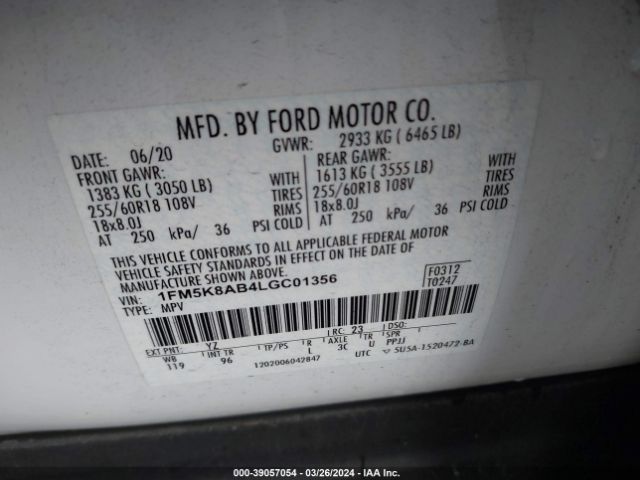 1FM5K8AB4LGC01356 Ford Police Interceptor Utility