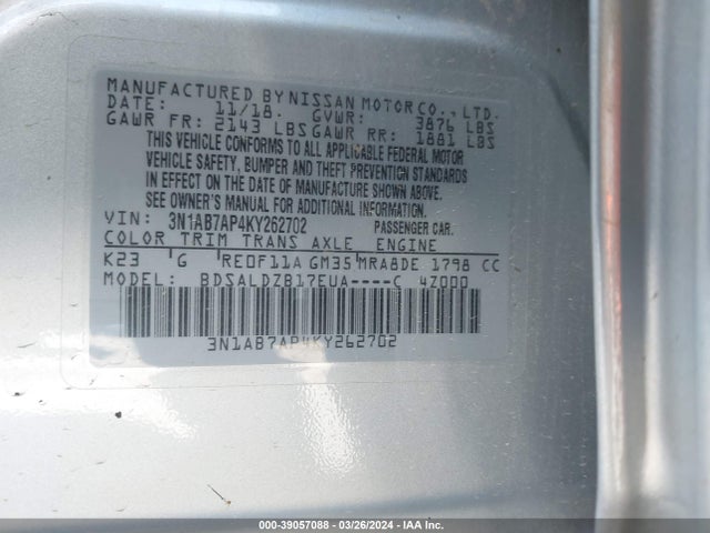 Nissan SENTRA SV 2019 3N1AB7AP4KY262702 Image 9