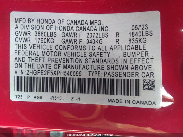 Honda Civic Sport 2023 2HGFE2F5XPH546595 Image 9