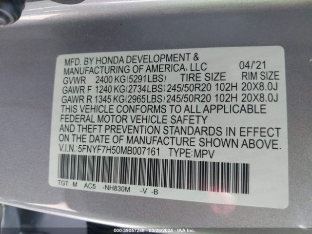 5FNYF7H50MB007161 Honda Passport 2wd Ex-l