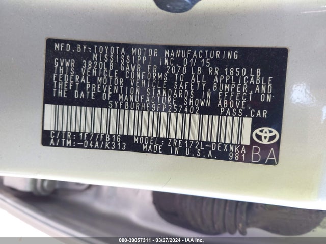 Toyota COROLLA LE 2015 5YFBURHE9FP257402 Image 9