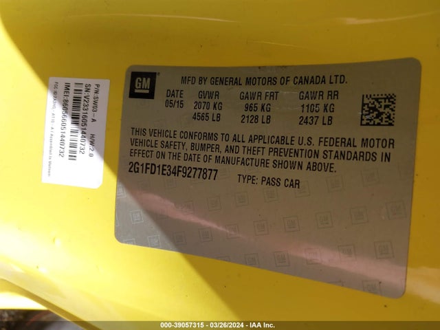 Chevrolet Camaro 1lt 2015 2G1FD1E34F9277877 Image 9