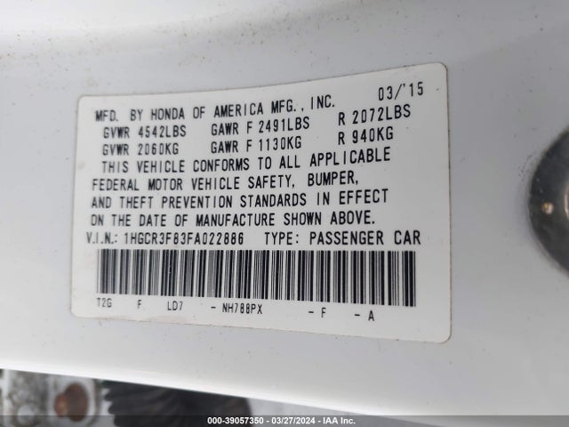 Honda Accord Ex-l V-6 2015 1HGCR3F83FA022886 Image 9