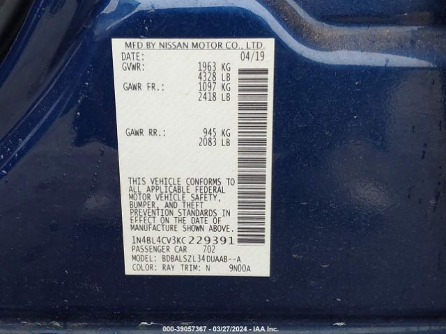 1N4BL4CV3KC229391 Nissan Altima 2.5 Sr