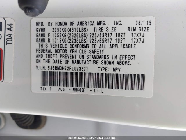 Honda Cr-v Ex-l 2015 5J6RM3H72FL023571 Image 9