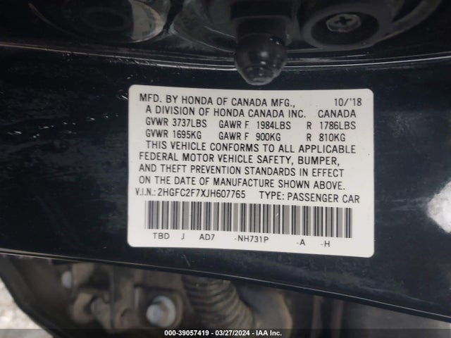 Honda CIVIC EX 2018 2HGFC2F7XJH607765 Image 9