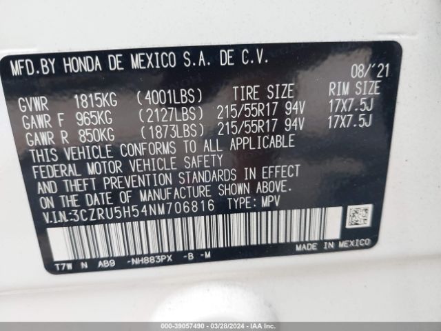 3CZRU5H54NM706816 Honda Hr-v 2wd Ex