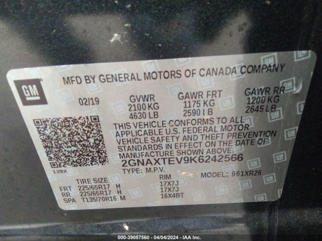 2GNAXTEV9K6242566 Chevrolet EQUINOX LT