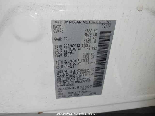 Nissan Rogue Sl 2014 5N1AT2MV1EC837497 Image 9
