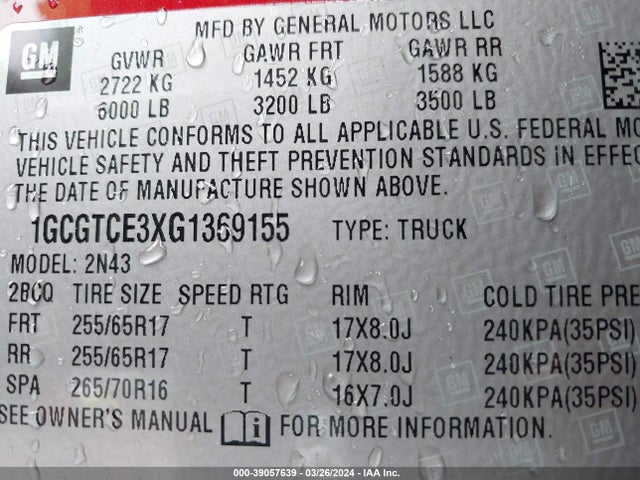 Chevrolet Colorado Lt 2016 1GCGTCE3XG1369155 Image 9