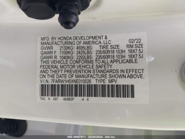 7FARW1H5XNE010026 Honda Cr-v 2wd Ex