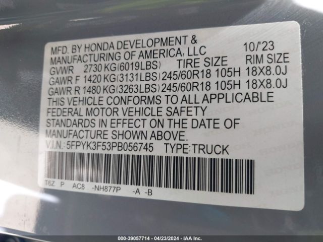 5FPYK3F53PB056745 Honda Ridgeline Rtl